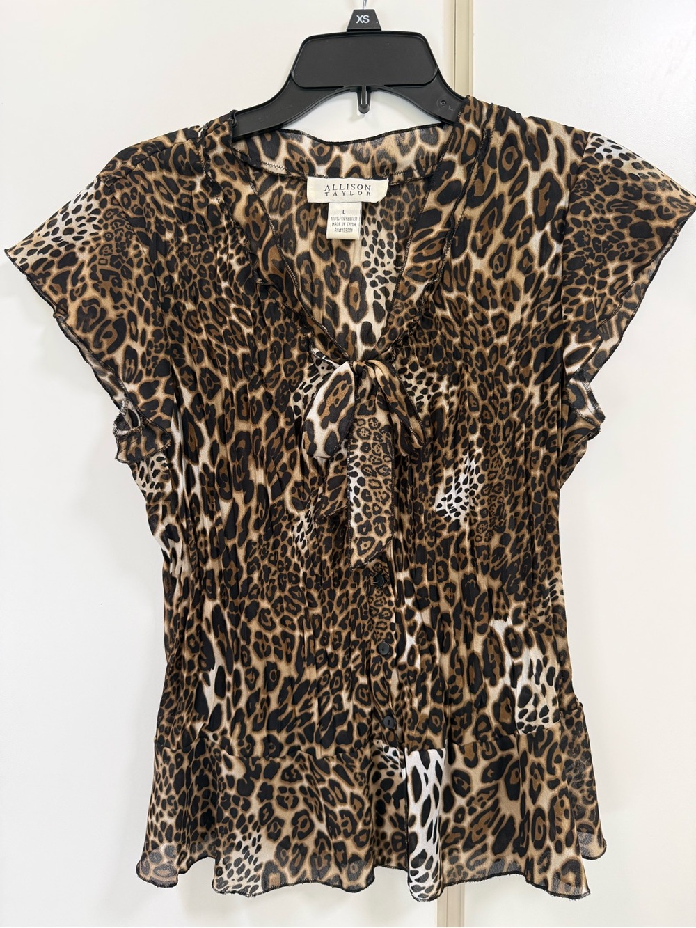 Y2K VTG Allison Taylor Leopard Print Tie-Neck Blouse Tan Black L Short Sleeve